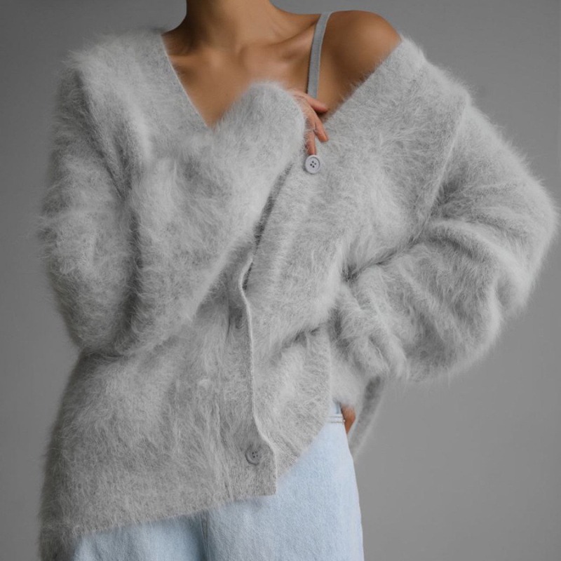 Women Fluffy V Neck Knit Cardi - đánh giá và giá Wool Coat Peacoat