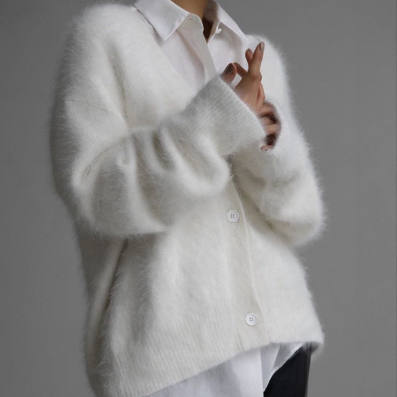 Women Fluffy V Neck Knit Cardi - đánh giá và giá Wool Coat Peacoat